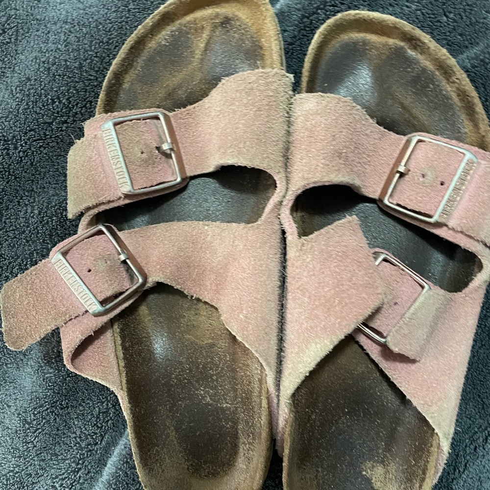 Pink suede Birkenstock two strap Arizona sandals